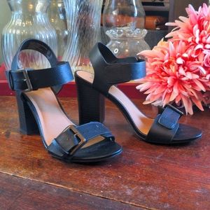 Chunky Heel Black Buckled Sandals